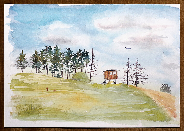 Obrázek zajíců a posedu u Bačkovic