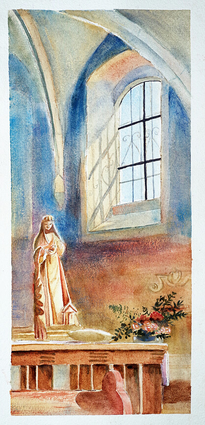 Obrázek vnitřku kostela na Levém Hradci