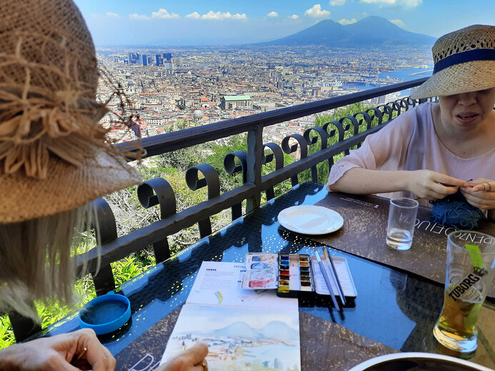 Malování výhledu z restaurace